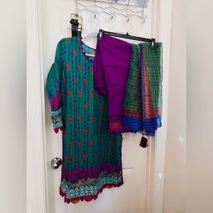 Green and Purple Floral Dress with Scarf and pant